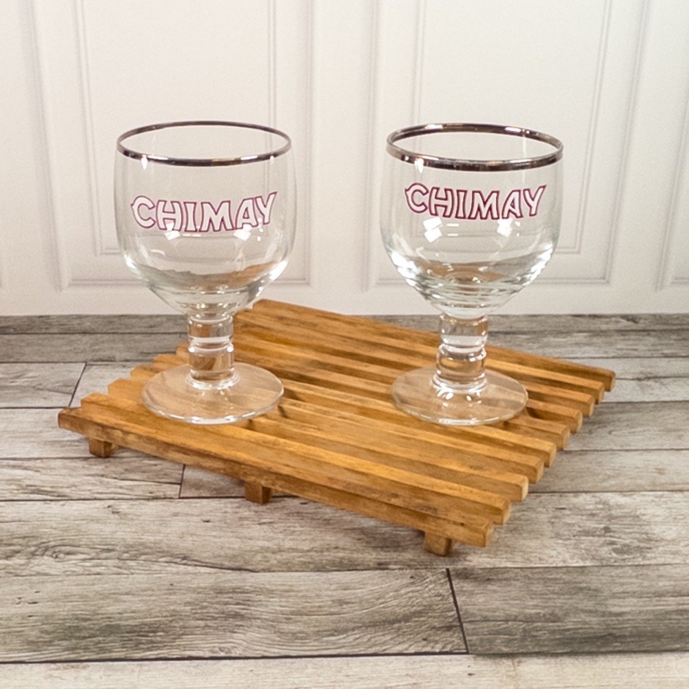 Chimay Belgium Beer Glasses Set of 2 Silver Rim Trappist Ale Chalice Goblets